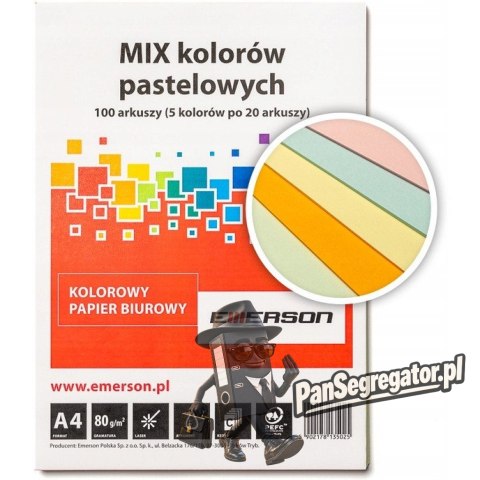 Papier ksero A4 80g mix pastel 100ark Kanarkowy, Różowy, Pomarańczowy, Jasny Niebieski, Jasny Zielony xem1000pwn EMERSON
