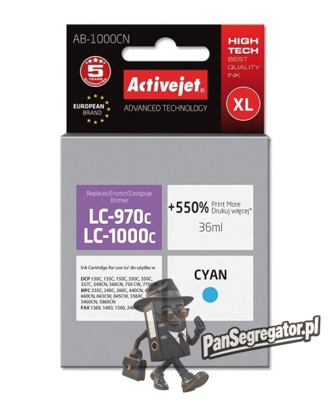Activejet AB-1000CN Tusz (zamiennik Brother LC1000C/970C; Supreme; 36 ml; niebieski). Drukuje więcej o 550%.