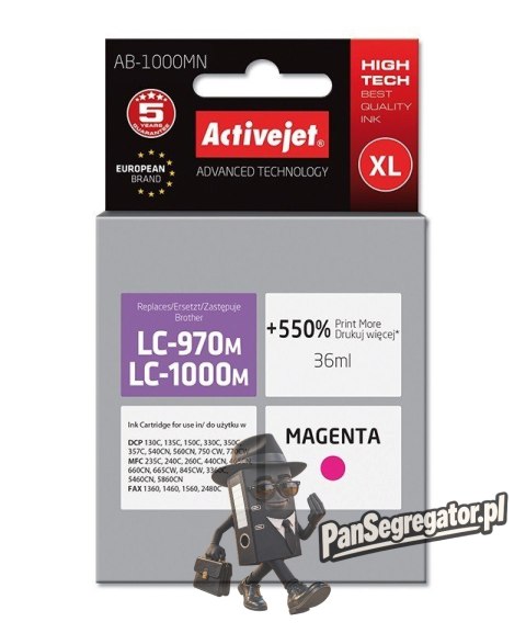 Activejet AB-1000MN Tusz (zamiennik do Brother LC1000M/970M; Supreme; 35 ml; czerwony). Drukuje więcej o 550%.