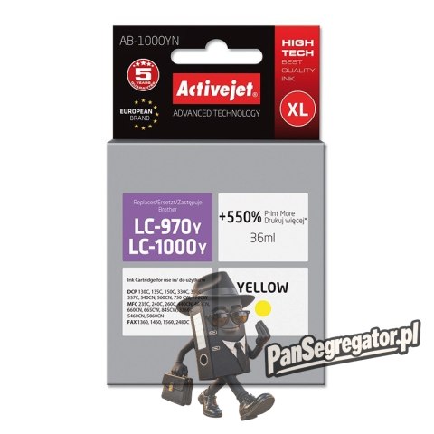 Activejet AB-1000YN Tusz (zamiennik Brother LC1000Y/970Y; Supreme; 35 ml; żółty). Drukuje więcej o 550%.