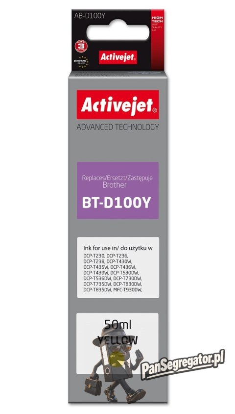 Activejet AB-D100Y Buteleczka z tuszem z atramentem (zamiennik Brother BT-D100Y; Supreme; 50 ml; żółty)