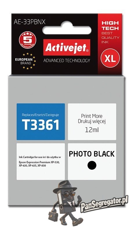 Activejet AE-33PBNX Tusz (zamiennik Epson 33XL T3361; Supreme; 12 ml; czarny fotograficzny)