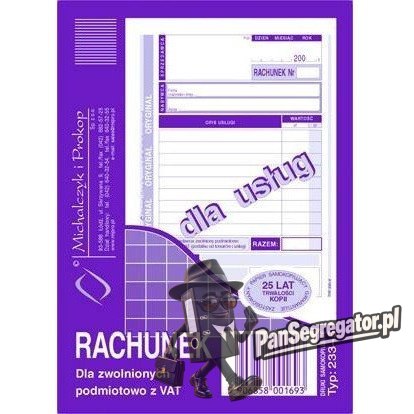 233-5 Rachunek A6 dla zwolnionych podmiotowo z VAT(usługa) Michalczyk i Prokop