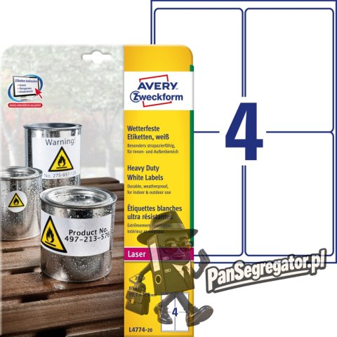 Etykiety A4 białe Heavy Duty 99,1x139mm poliestrowe L4774-20 (20 arkuszy) AVERY ZWECKFORM