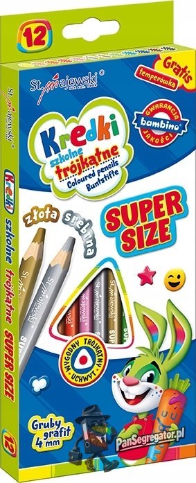 Kredki szkolne trójkątne grube Super Size Zestaw 12 kredek + temperówka BAMBINO St.Majewski