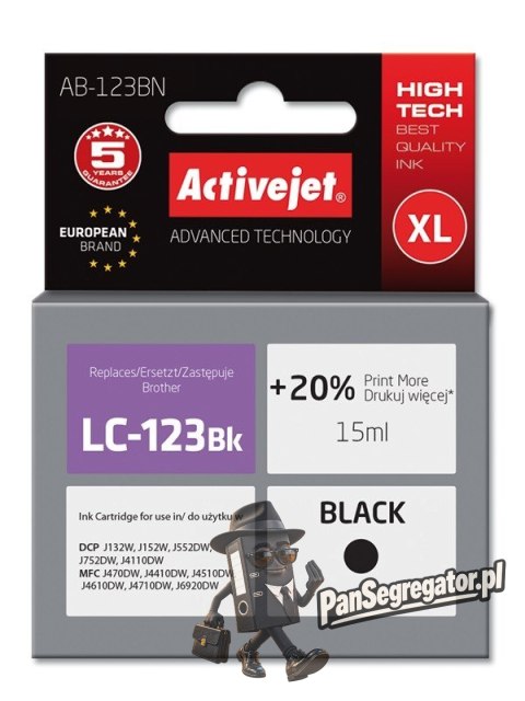 Activejet AB-123BN Tusz (zamiennik Brother LC123BK/121BK; Supreme; 15 ml; czarny)