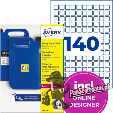 Etykiety do oznaczeń PPWR foliowe z trwałym klejem białe 15x15mm (8 ark.) L7071-8 AVERY ZWECKFORM