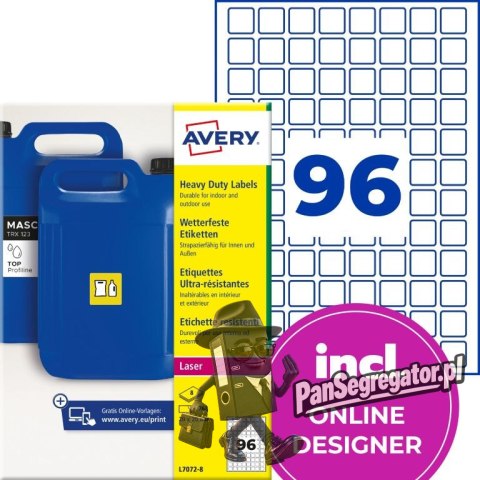 Etykiety do oznaczeń PPWR foliowe z trwałym klejem białe 20x20mm (8 ark.) L7072-8 AVERY ZWECKFORM