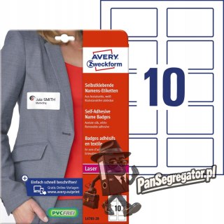Identyfikator do zadruku 80x50mm 120g samoprzylepny biały sztuczy jedwab L4785-20 AVERY ZWECKFORM