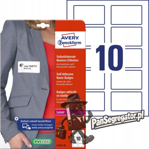 Identyfikator do zadruku 80x50mm 120g samoprzylepny biały sztuczy jedwab L4785-20 AVERY ZWECKFORM