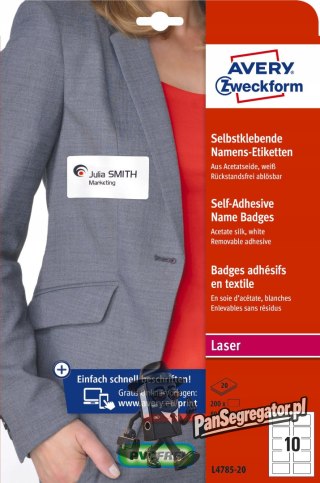 Identyfikator do zadruku 80x50mm 120g samoprzylepny biały sztuczy jedwab L4785-20 AVERY ZWECKFORM